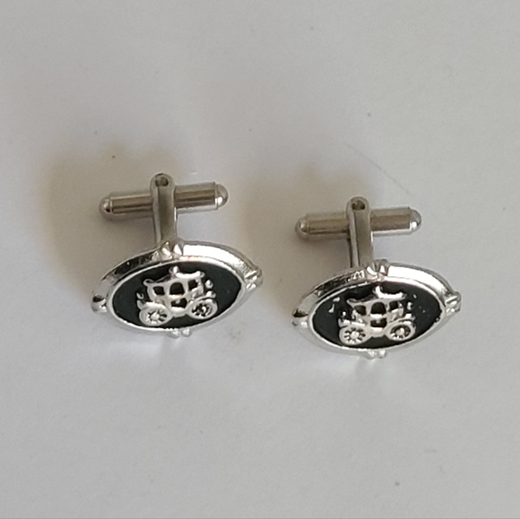 Vintage Men's Silver Tone Black Enamel Horse Carriage Royalty Luxury Cufflinks - Picture 7 of 8